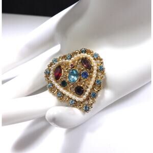 1940s Heart Rhinestone Brooch, Faux Pearls, Multicolored Rhinestones